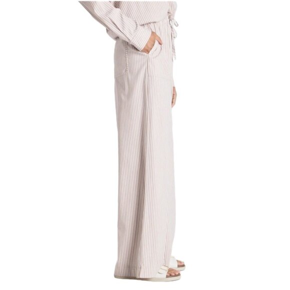 Spendid Elastic Waist Linen Blend Tan Cream Stripe Pants, Medium - Picture 3 of 8